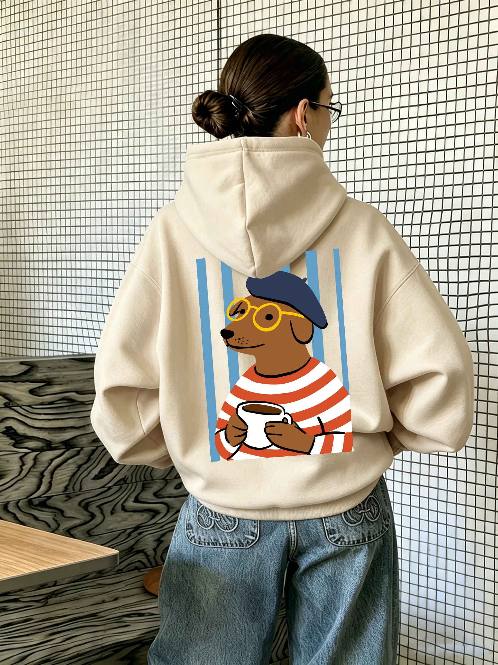 Dachshund Dog Coffee Cup Printing Women Hoodies Autumn Y2K Pocket Hoody Casual Jogging Sportswear Female Fleece Loose Pullovers