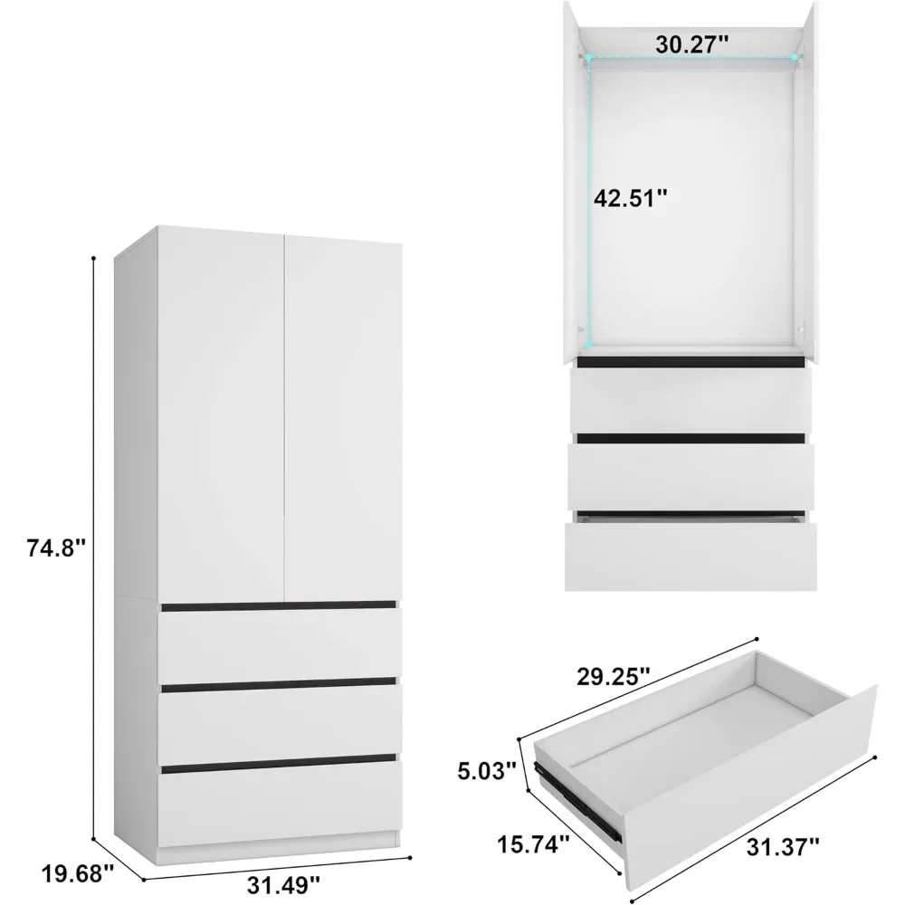 Bedroom Armoire Wardrobe Closet with 3 Drawers: 75