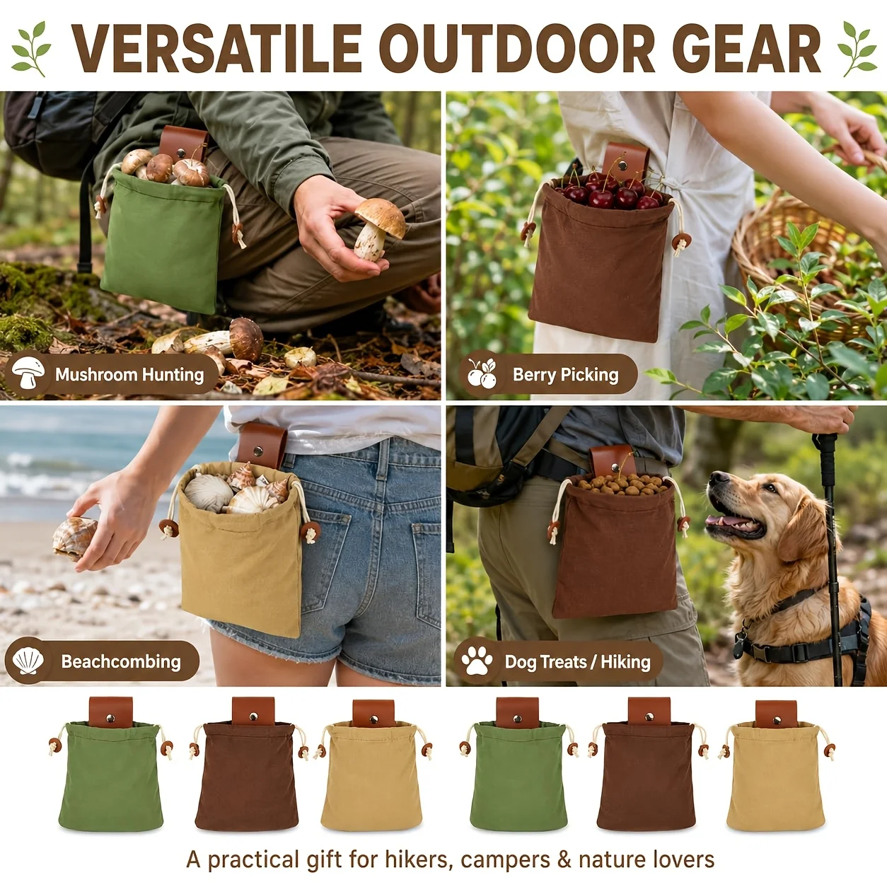 Outdoor Canvas Foraging Pouch Belt Mount Drawstring Design Mushroom Berry Picking Bag Portable Storage Sack For Hiking Camping