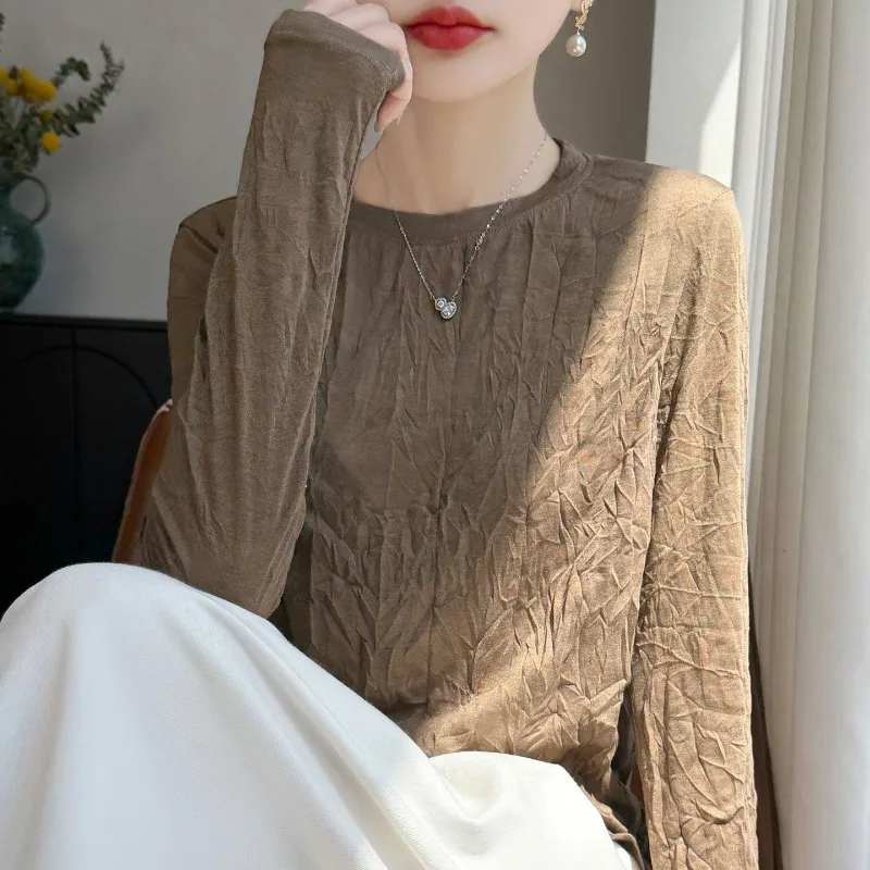 Women Quiet Luxury Crew Neck Long Sleeve Top Wrinkle Texture Lightweight Tencel Loose Casual Sun Protection Inner Blouse