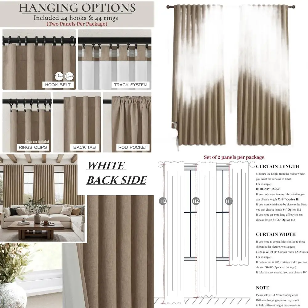ستائر كتان واسعة للغاية 60 طولًا، بني شوكولاتة، نمط مطوي لغرفة المعيشة وغرفة النوم، ستائر معزولة حراريًا
