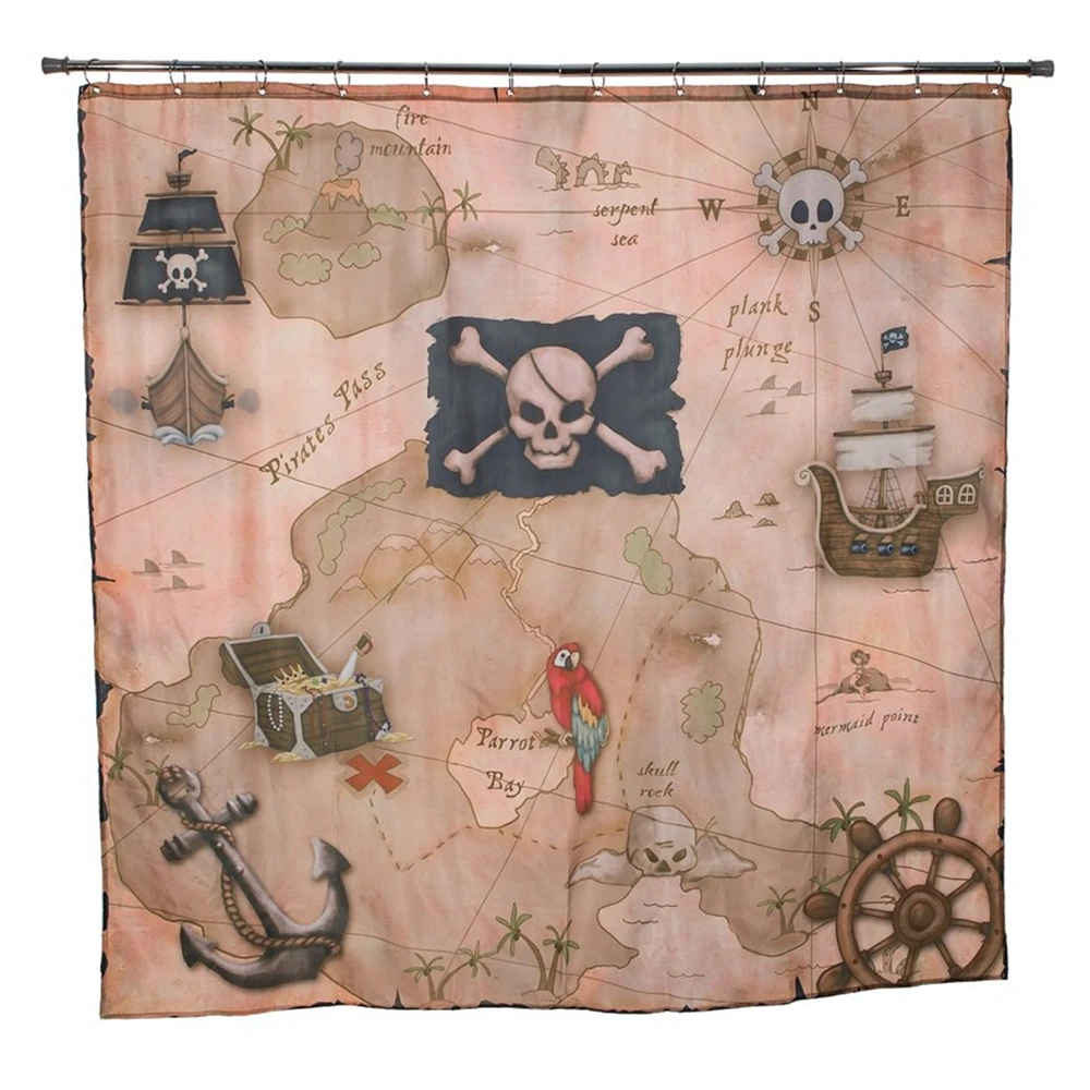 Nautical Island Map Shower Curtains,Vintage Old Map Pirate Ship Decor Polyester Ocean Ancient Pirate Treasure Map Shower Curtain