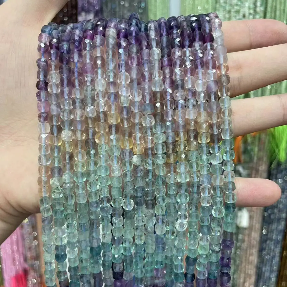 Natural Stone Beads Faceted Gradient Fluorite Beads Cube Gemstone Spacer Beads 4-5mm Bracelet Necklace Jewelry Making