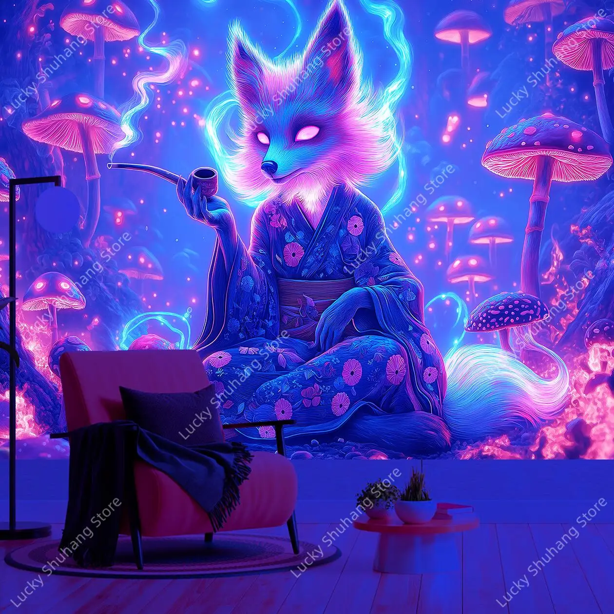 Mystical Forest Fox Kimono UV Tapestry Wall Hanging Neon Bioluminescent Mushrooms Psychedelic Art Office Decor Glowing Lights