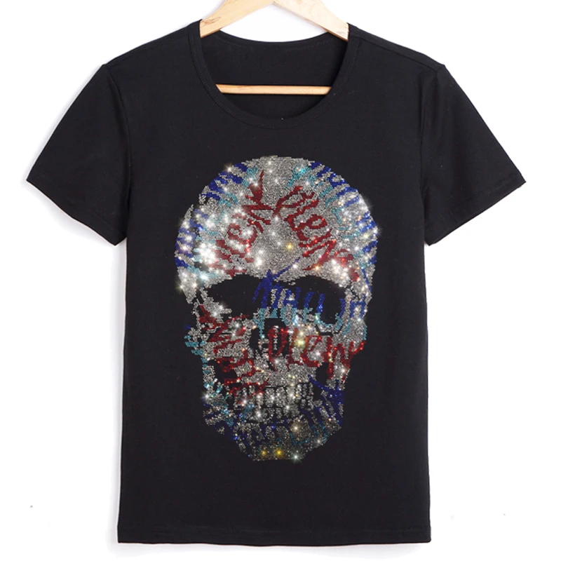 Harajuku T shirts For Women Summer Short Sleeve Clothes Rhinestone T-shirt With a Skull Cotton Soft Women\'s Blouse