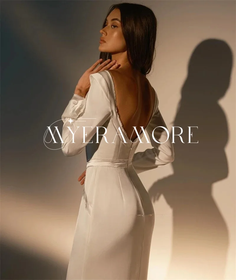 ชุดแต่งงานสไตล์นางเงือกสมัยใหม่ ปี 2025 ผ้าซาติน แบบเปิดไหล่ แขนยาว ยาวกรอมพื้น ชุดเจ้าสาวสั่งตัดได้