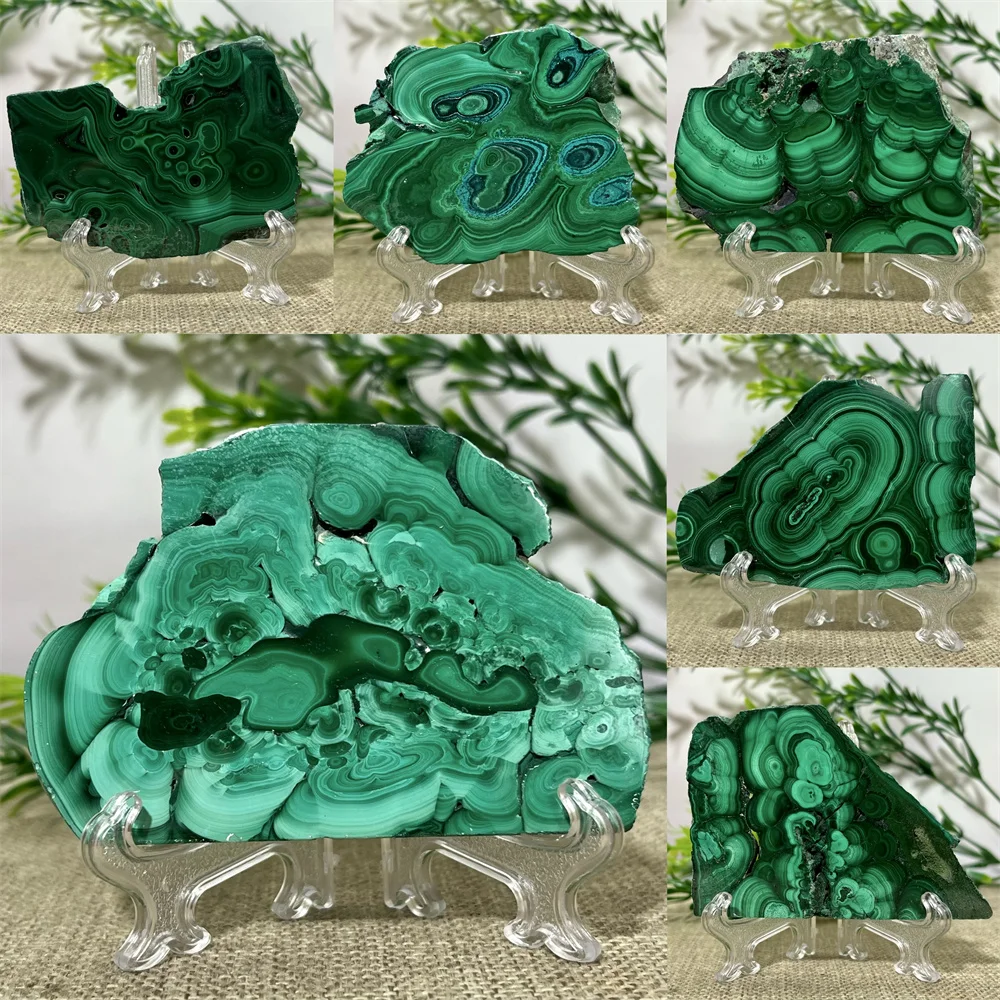 

Crystal Natural Malachite Slab Slice Quartz Stone Minerals Energy Feng Shui Healing Living Spiritual Reiki Home Decoration+Stand