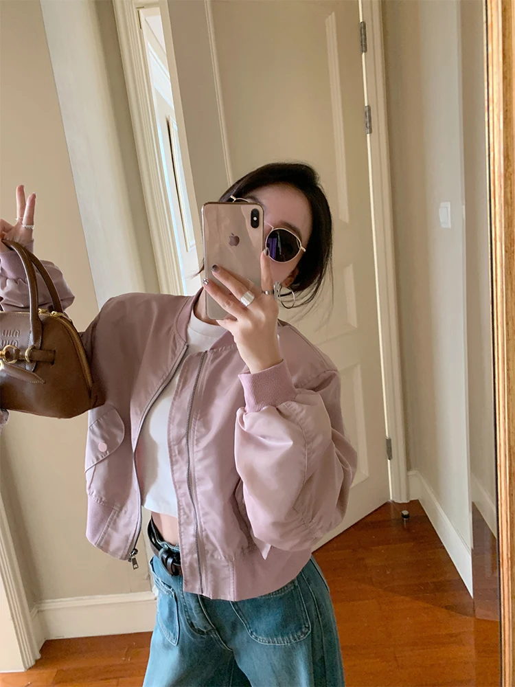 

Розовая бейсбольная куртка свободного кроя, повседневная, для мотоциклистов, стильный топ для женщин, весна-осень, корейская версия, Gold Su ELA UII