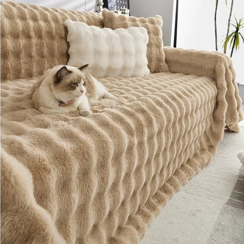 Luxury Super Soft Imitation Rabbit Plush Sofa Towel Winter Warm Thick Fluffy Couch Cover Universal All-inclusive Sofa Slipcover