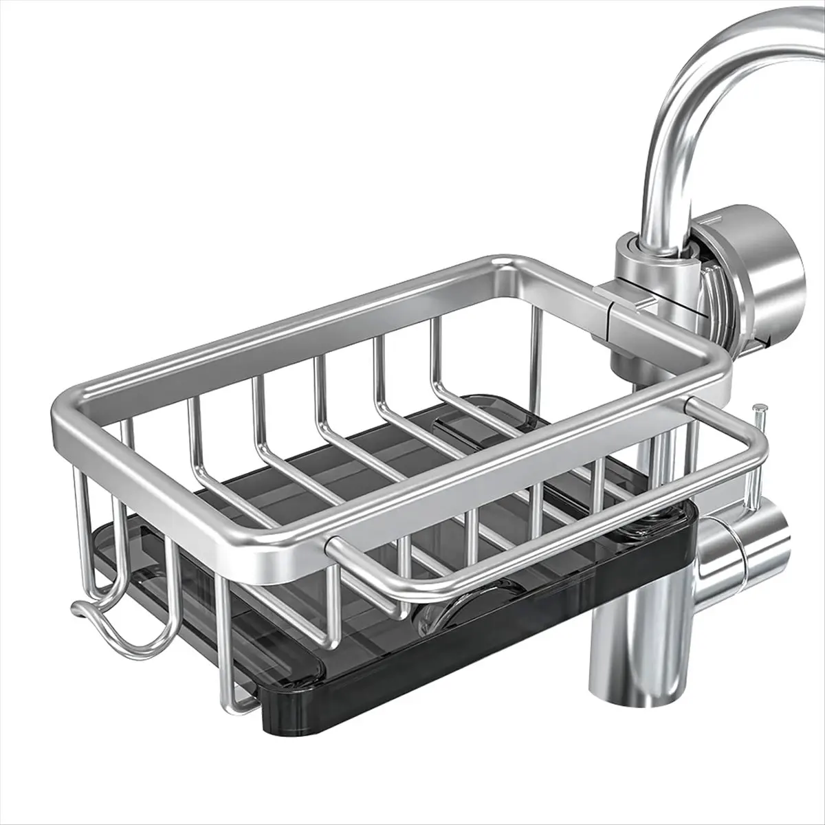 A75K Sponge Holder Over Faucet Kitchen Sink Organizer, Space Aluminum Detachable Hanging Faucet Drain Rack with Hook Silver