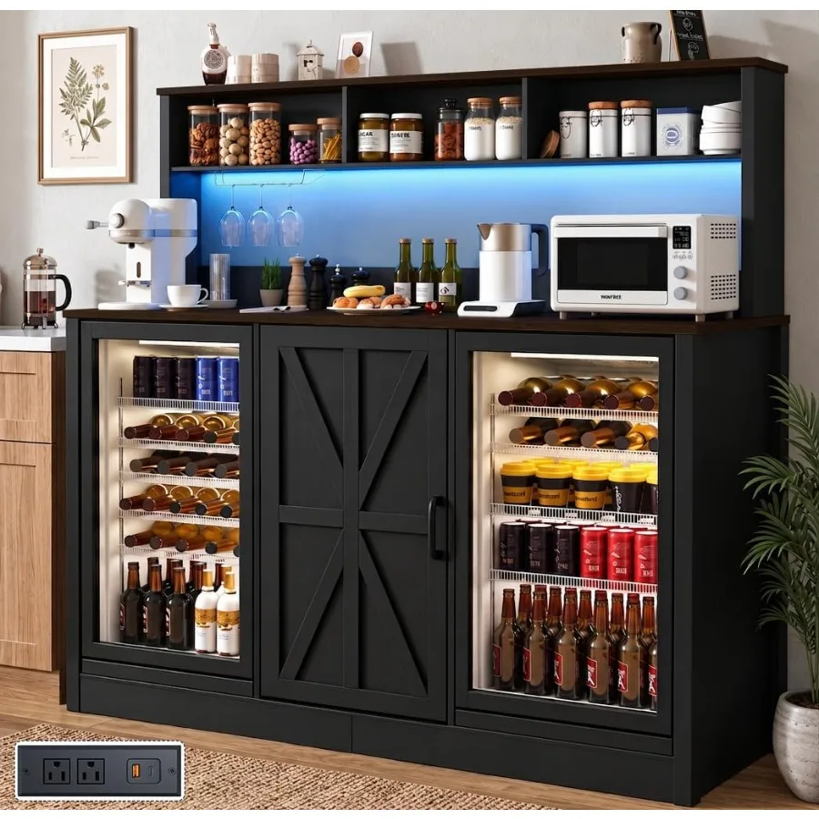 Farmhouse kitchen island with dual mini fridge space and power outlet, black metal and wood