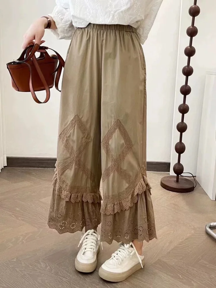 Sweet Fairy Mori Girl Cotton Pants Women Clothing Elastic Waist Embroidery Ankle Length Lace Female Kawaii Wide Leg Pants