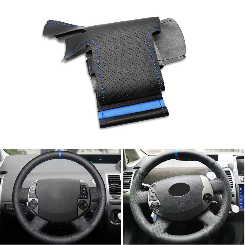 For Toyota Prius 20 XW20 2004 2005 2006 2007 2008 2009 Hand-stitched Car Steering Wheel Leather Cover Black with blue strip