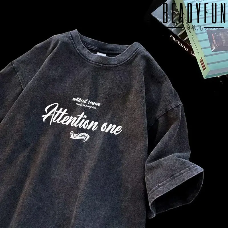 Damska koszulka z efektem sprania, koreański top, nadruk, okrągły dekolt, krótki rękaw, modna koszulka z krótkim rękawem w stylu high street.