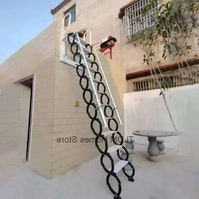 سلالم تلسكوبية من الفولاذ الكربوني للمنزل داخلي وخارجي مثبتة على الحائط سلم قابل للطي سلم رفع العلية موفر للمساحة #2