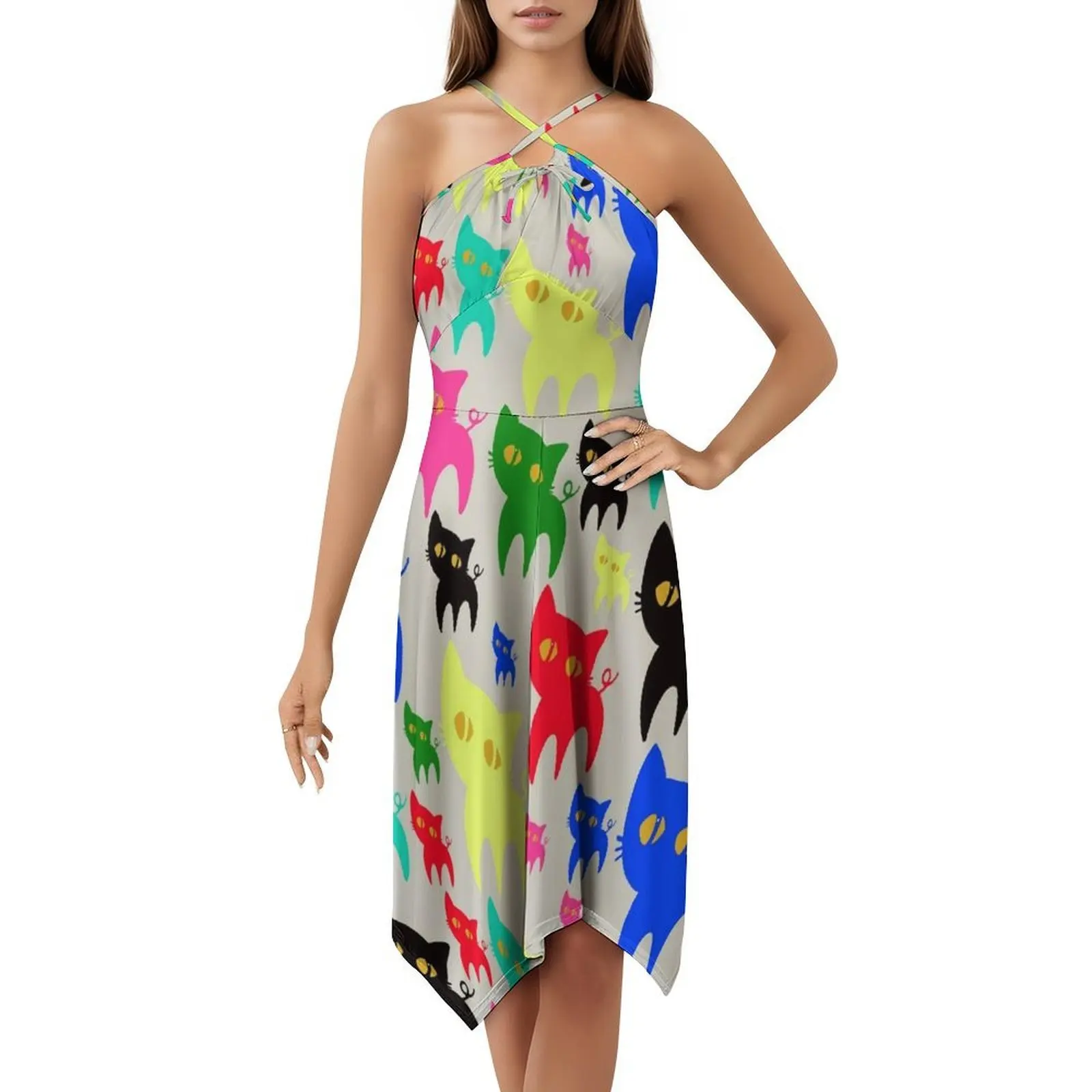 متعدد الألوان القطط البوهيمي فستان بلا أكمام متعدد طباعة شاطئ عطلة فستان الحفلات متعدد الألوان اللون القطط الكثير من النساء #5