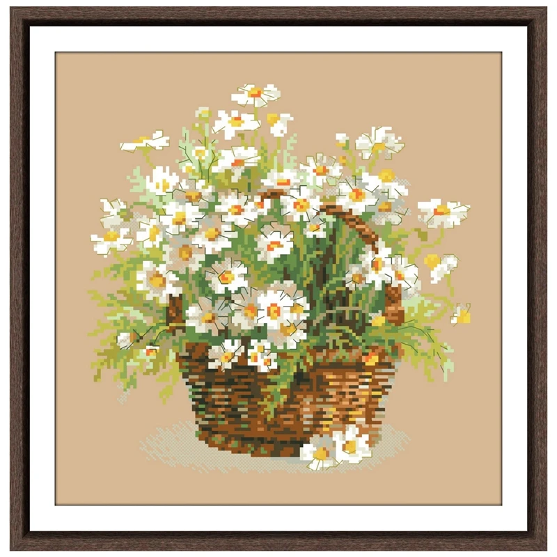 A basket of white daisies cross stitch kit flower pattern design 18ct 14ct  flaxen canvas embroidery DIY needlework