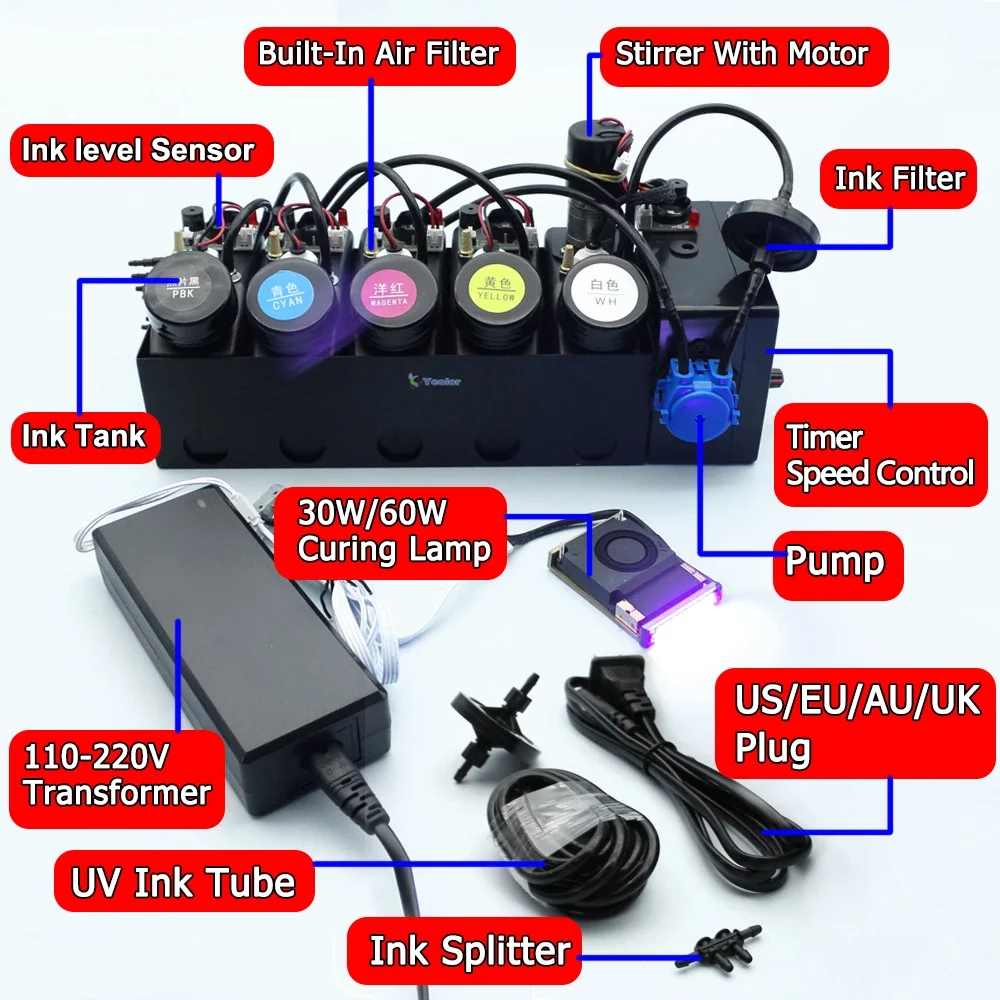 

250ML UV DTF CISS White Ink Circulation System For Printer Conversion Modification With Stirrer Timer Sensor Alarm Curing Lamp
