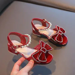 Summer Sandals Pearl Rhinestone Bow Fashion Princess Shoes 2023 New Girls Shoes Non-slip Kids Sandals Black Red Size 25-36 G609