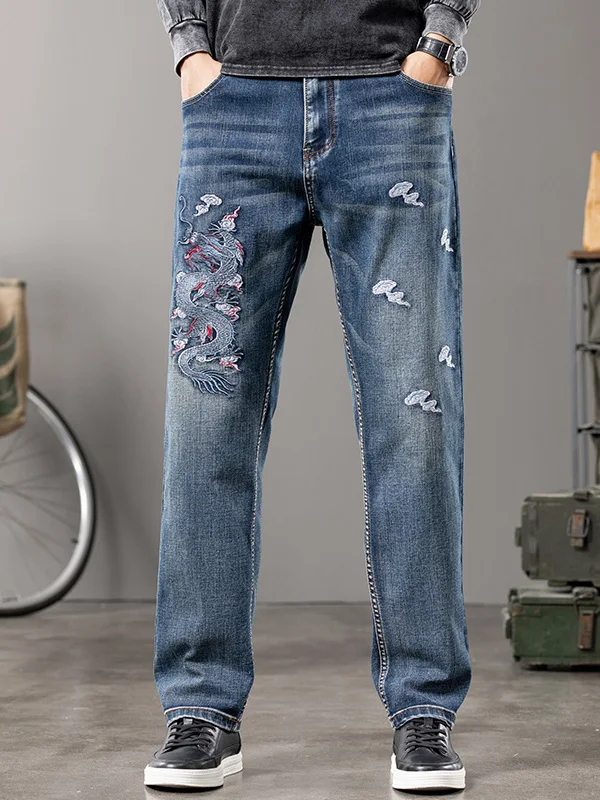 

Retro Sle Men's Straight Leg Jeans Embroidered Dragon Design Wear Resistant mid Waist Zipper Closure Blue Denim Jeans