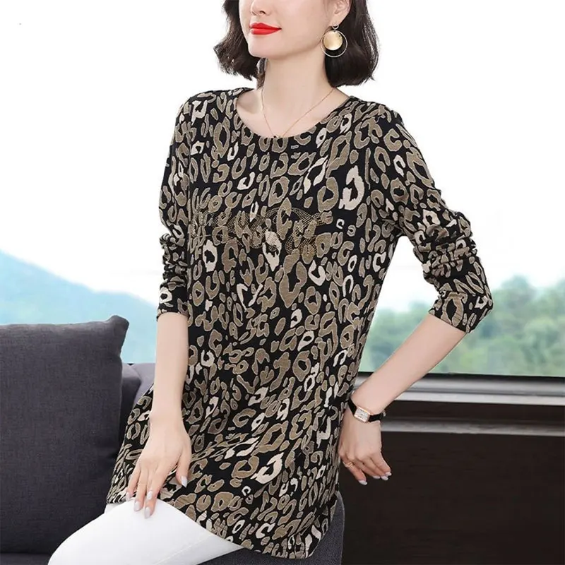 Women\'s Clothing Leopard Printed Pullovers Vintage Casual O-Neck Spring Autumn Long Sleeve Stylish Diamonds Loose Midi T-shirt