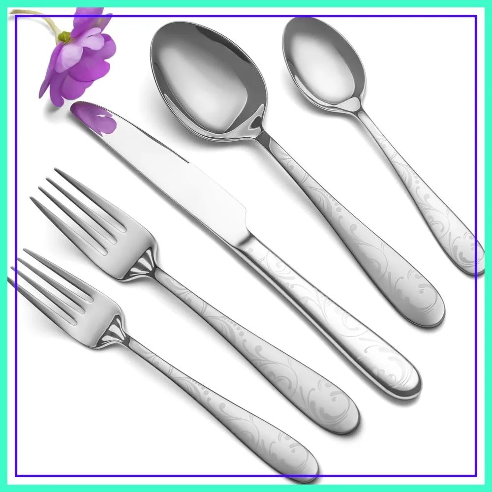 

40 Piece Silverware Set for 8, Stainless Steel Cutlery Set, Mirror Polished Flatware with Pattern Handle, Modern Kitchen Eating Utensils Include Spoons Forks Knives