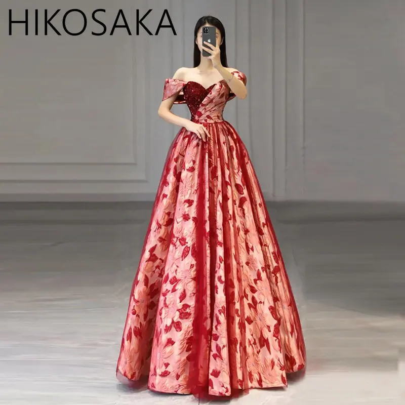 

Luxury Evening Dresses Long Off The Shoulder Floral Pattern Sequins Dark Red Party Prom Gown New Slim Waist Vestido De Festa