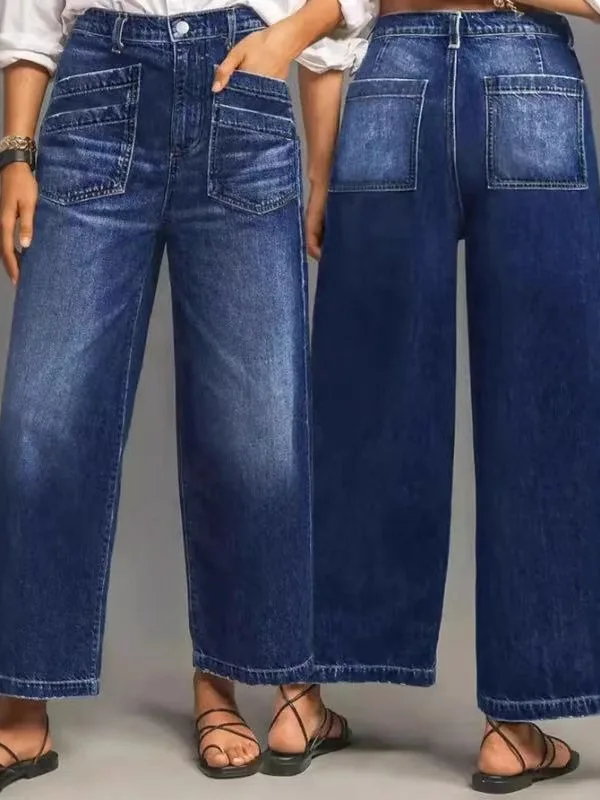 

Loose Wide Leg Jeans Women's Casual Versatile Straight Cut Loose Fit Denim Pants Retro Sle l Waist Button Closure