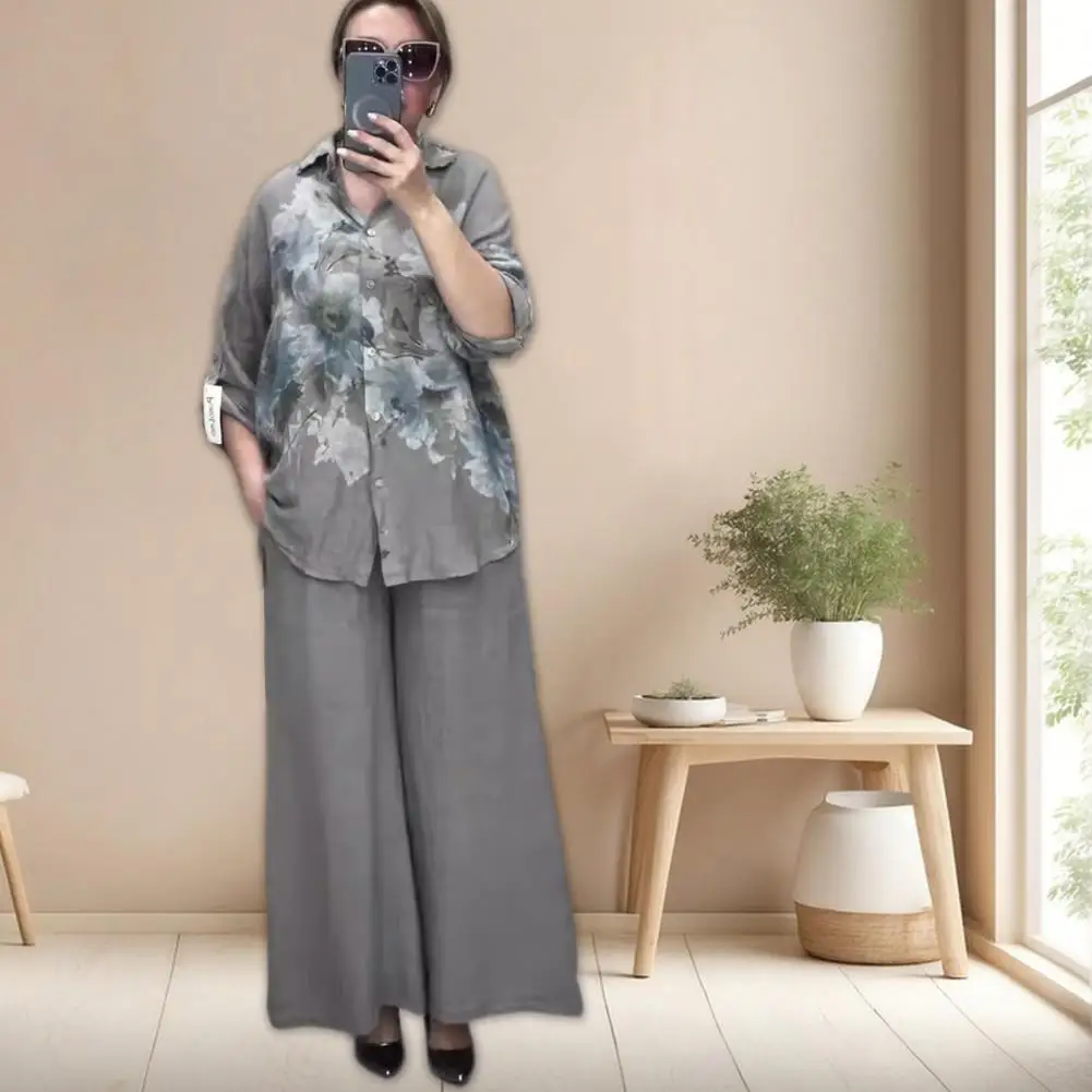 

Lady Casual Clothes Floral Print Women's Shirt Pants Set with Turn-down Collar Long Sleeve Top Wide Leg Elastic Waist Trousers