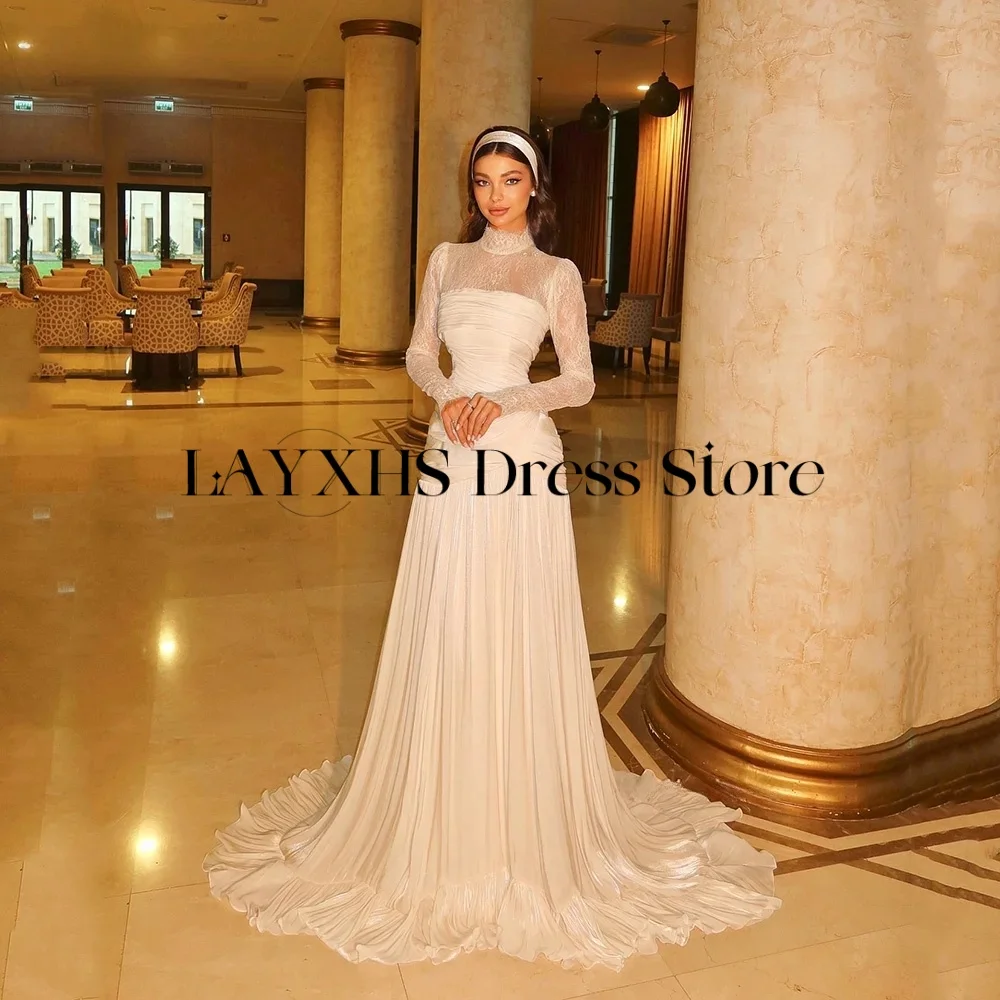LAYXHS Elegante Kant Hoge Hals Trouwjurken Lange Mouw A-lijn Vloerlengte Bruidsjurken Aangepaste vestido de noiva