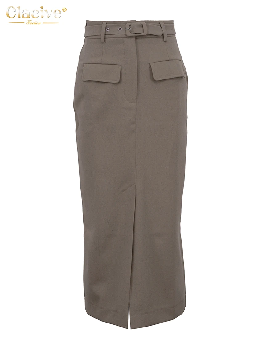 Clacive Fashion Slim Khaki Women\'s Skirt 2025 Bodycon High Waist Midi Skirt Elegant Classic Solid Slit Skirt Female Clothing