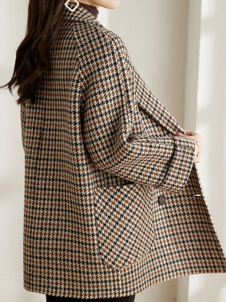 New Vintage Houndstooth Women Woolen Blazer Double Breasted Plaid Female Suit Jacket Fashion Korean Outerwear Loose Blaser Coat