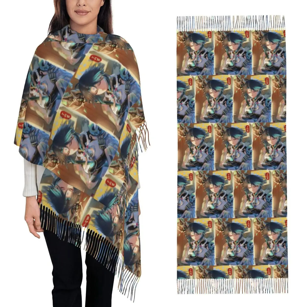 

Genshin Impact Xiao шарф с кисточками, женские мягкие теплые шали и накидки, большая осенне-зимняя шаль