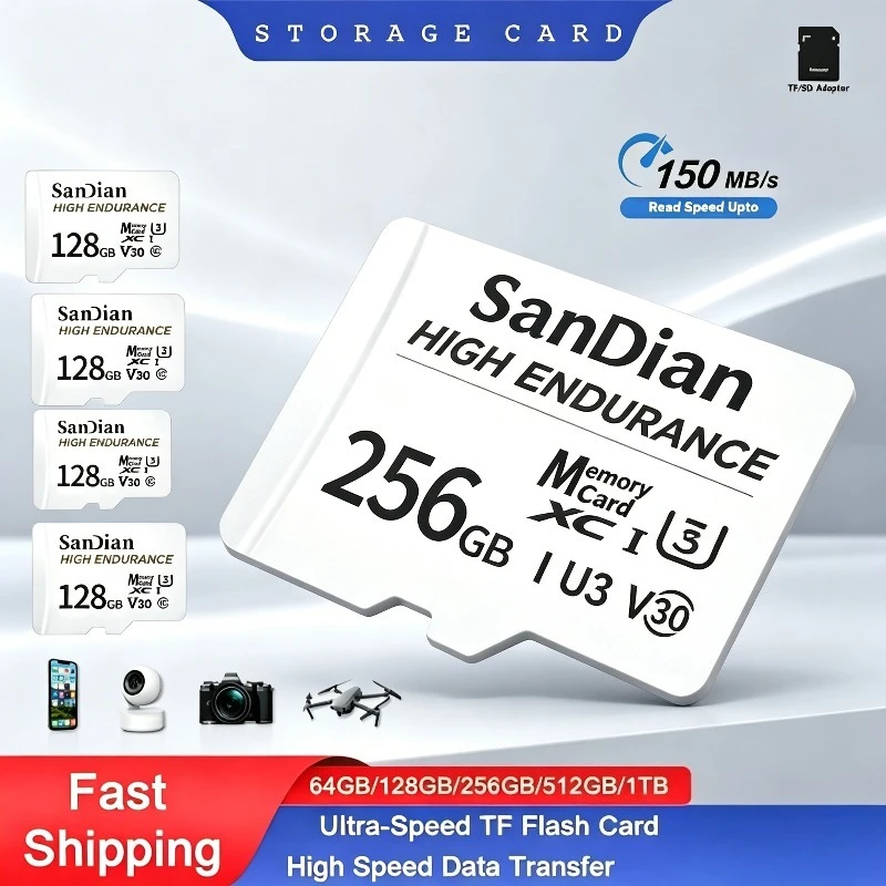 Cartão de Memória Micro TF SD Original de Alta Resistência V30 U3 C10 Profissional para câmera veicular ou monitoramento doméstico 128GB