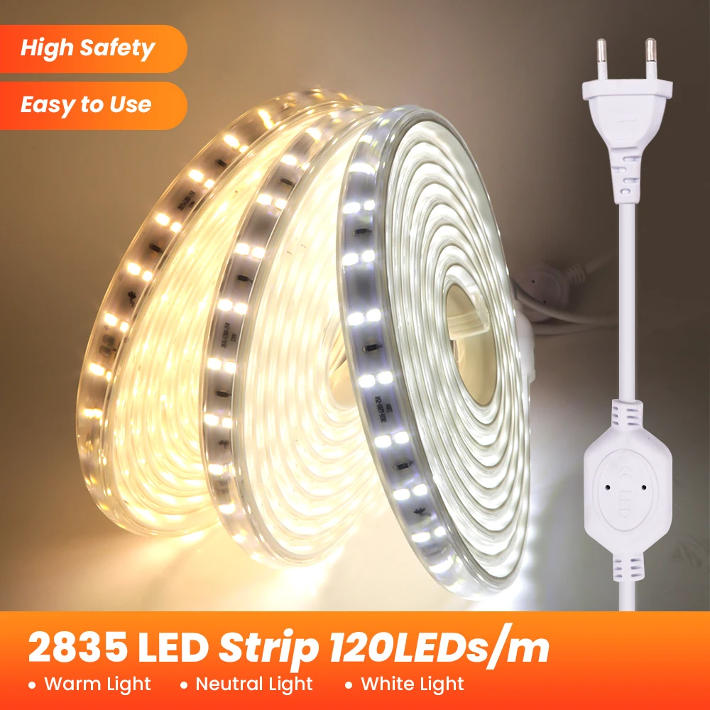 

﻿ LED Light Strips 220V High Brightness 2835 Flexible Ribbon Light Waterproof Led Tape for Home Kitchen Outdoor Garden Decor