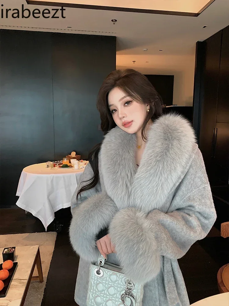 2024 New Gray Double-sided Cashmere Women's Fox Fur Woolen Coat Abrigos Para Mujer White Winter Jacket Women