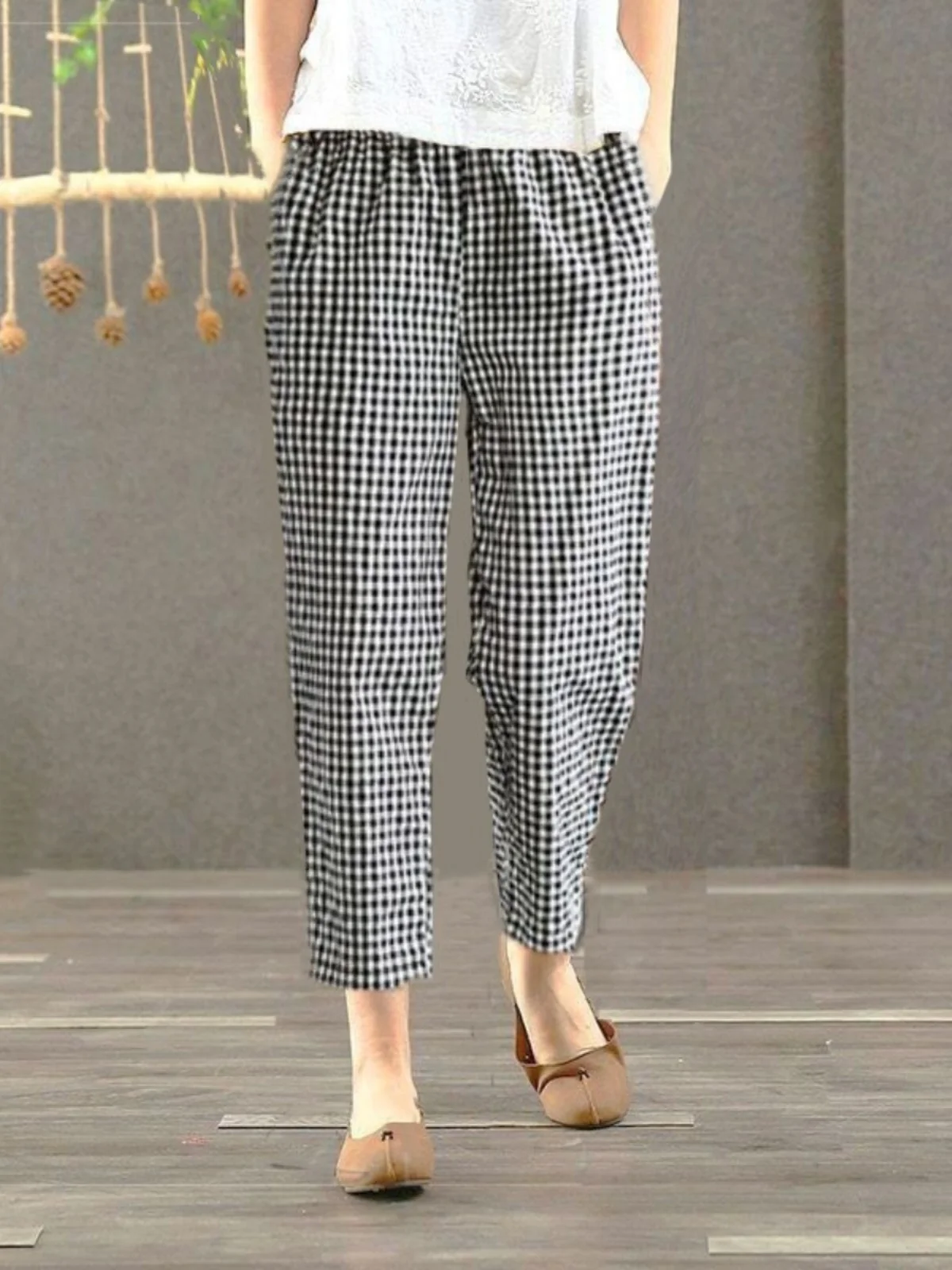 Neue Baumwolle Mischung frauen Breite Bein Hosen Plaid Print Abnehmen Sommer Faionable Hohe Taille Lose Fit Casual Hosen