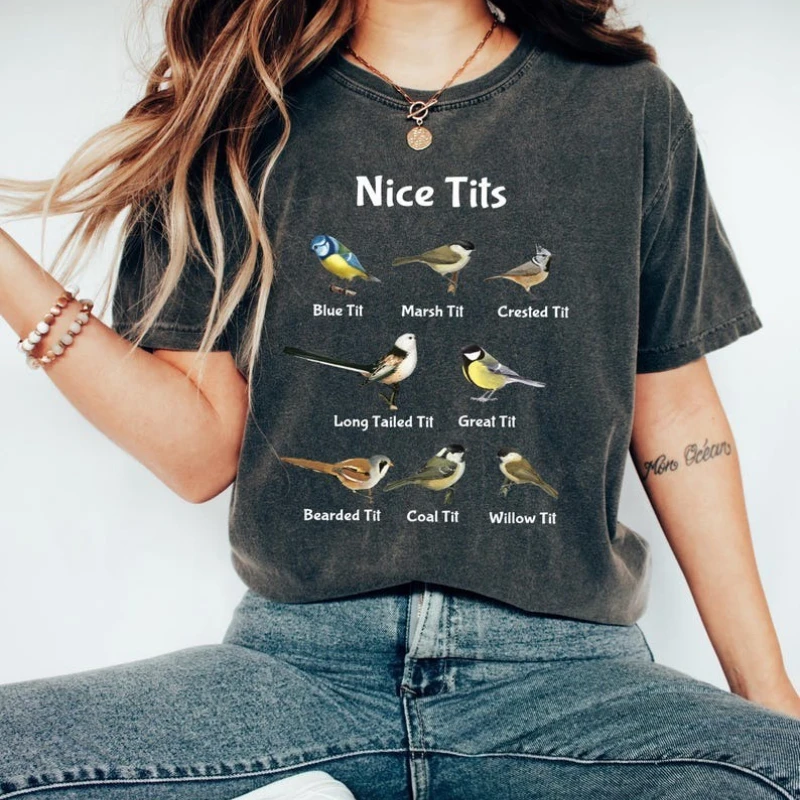 Nice Tits Bird T-Shirt Birdwatchers Gift A Hundred Birds Painting Lovers Dank Meme Cute Birdie Funny Animal Tee Unisex  Adult