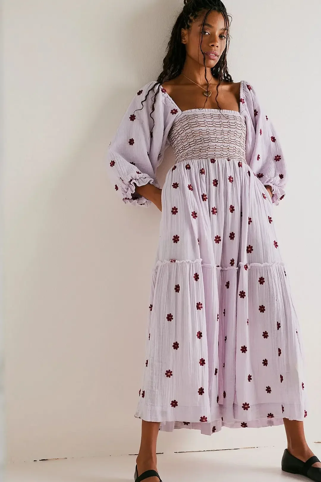 

2025 New Women Boho Deep V Neck Puff Sleeve Maxi Dress Casual Floral Chiffon Tiered Flowy Swing Party Long Dress