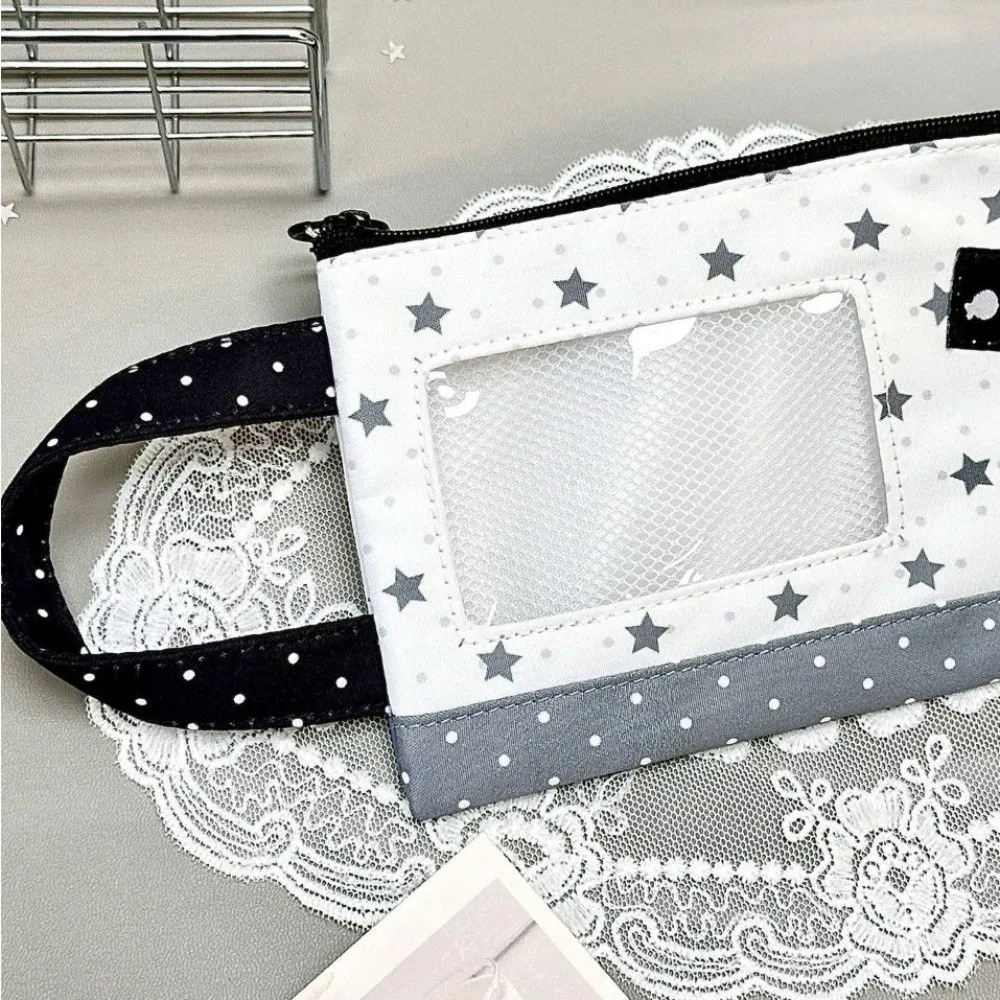 Portable Star Cat Print Pencil Case Handheld Large Capacity Pencil Pouch with Transparent Window Stationery Bag School Supplies