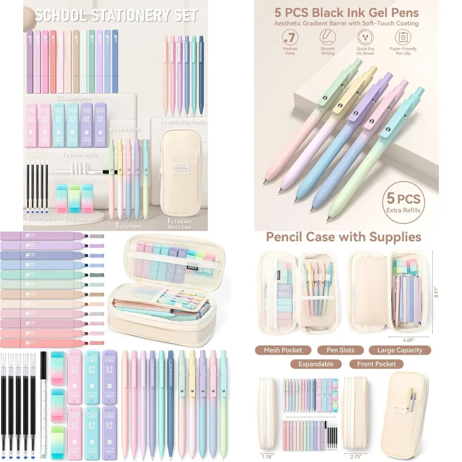 

Cute School Supplies Set with Pen Case for Girls: 5 Black Ink Gel Pens 12 Pastel Highlighters 6 Aesthetic Mechanical Pencils fo