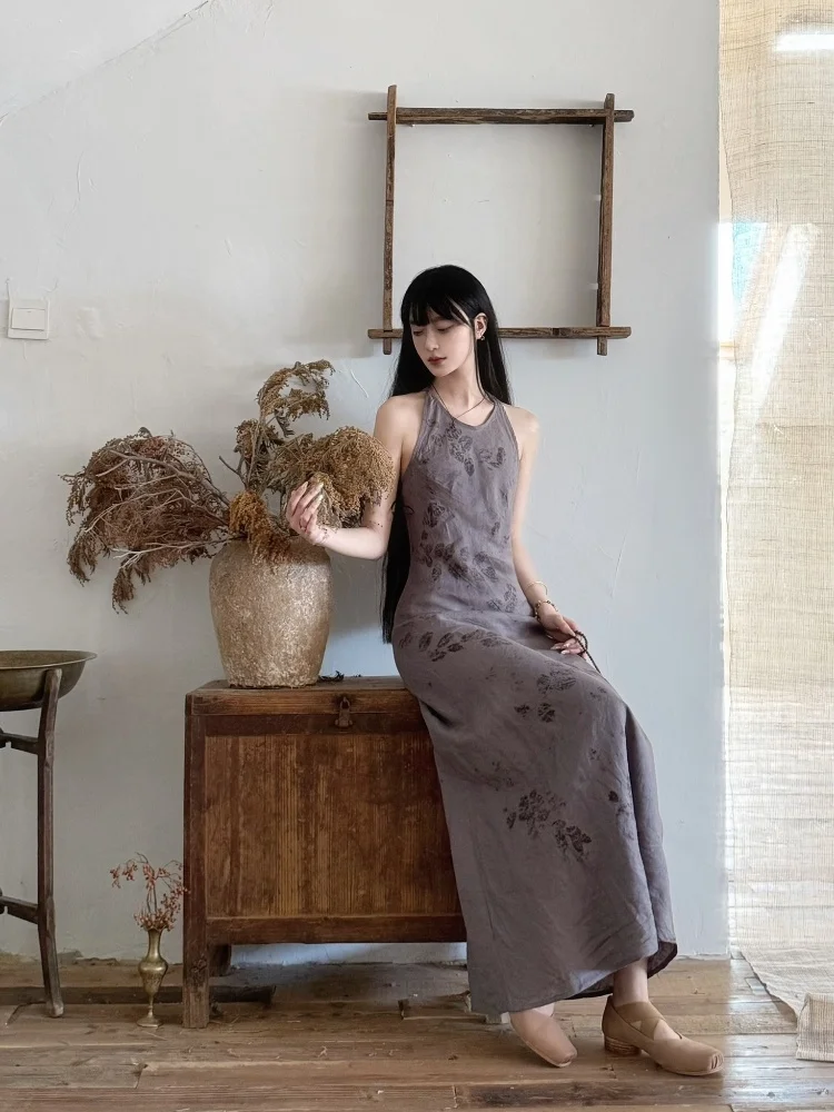 

Purple Plant Dye Cotton Linen Sari Long Skirt Sweet Sle High Waist Silk Cotton Spring Summer Autumn Winter Long Sve V Ne