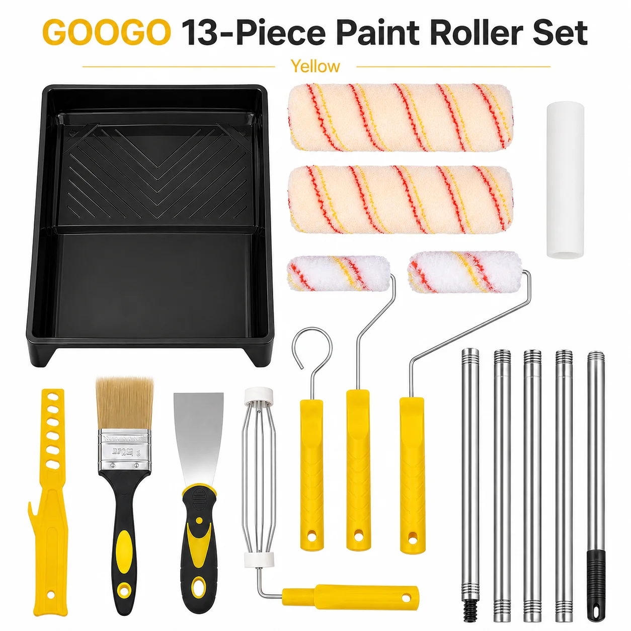 GOOGO 13-Piece Paint Roller Set with 150cm Stainless Steel Pole Microfiber Rollers Tray Brush for Wall Painting Kit Yellow