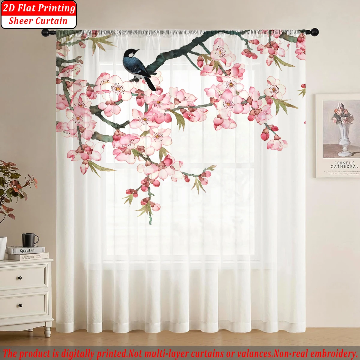 Peach Blossoms Flying Birds Flat Printing Sheer Curtain，Light Fabric，for Living Room Bedroom Home Door and Window Decor