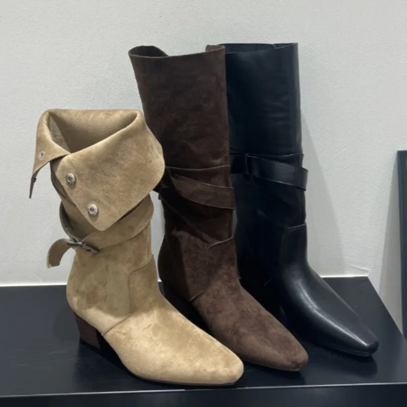 

Women Pointed Toe Ankle Boots Mid Heels Fashion Suede Shoes 2025 Winter Designer Chelsea Short Boots Casual Buckle Zapatos Mujer