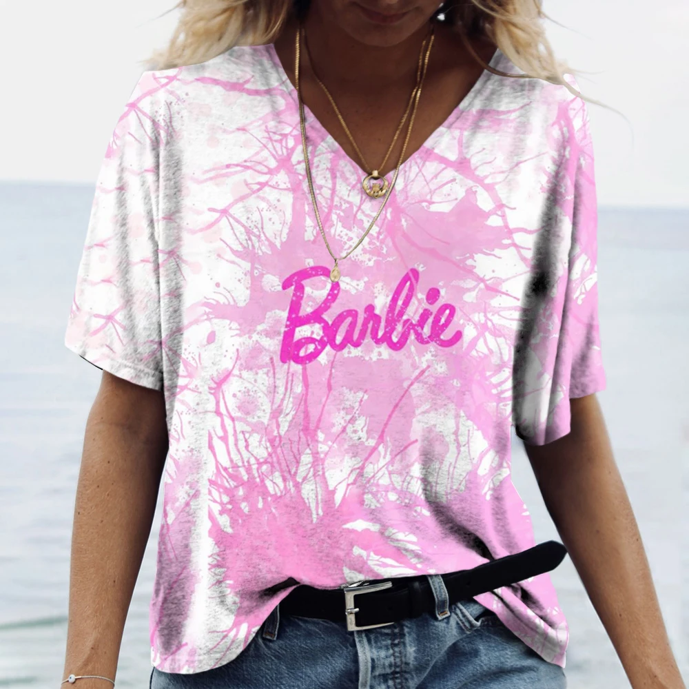 Camiseta 3D estampada da Barbie feminina, camiseta kawaii com decote v, Tops grandes, camiseta verão, rosa, moda, roupas femininas, 2022