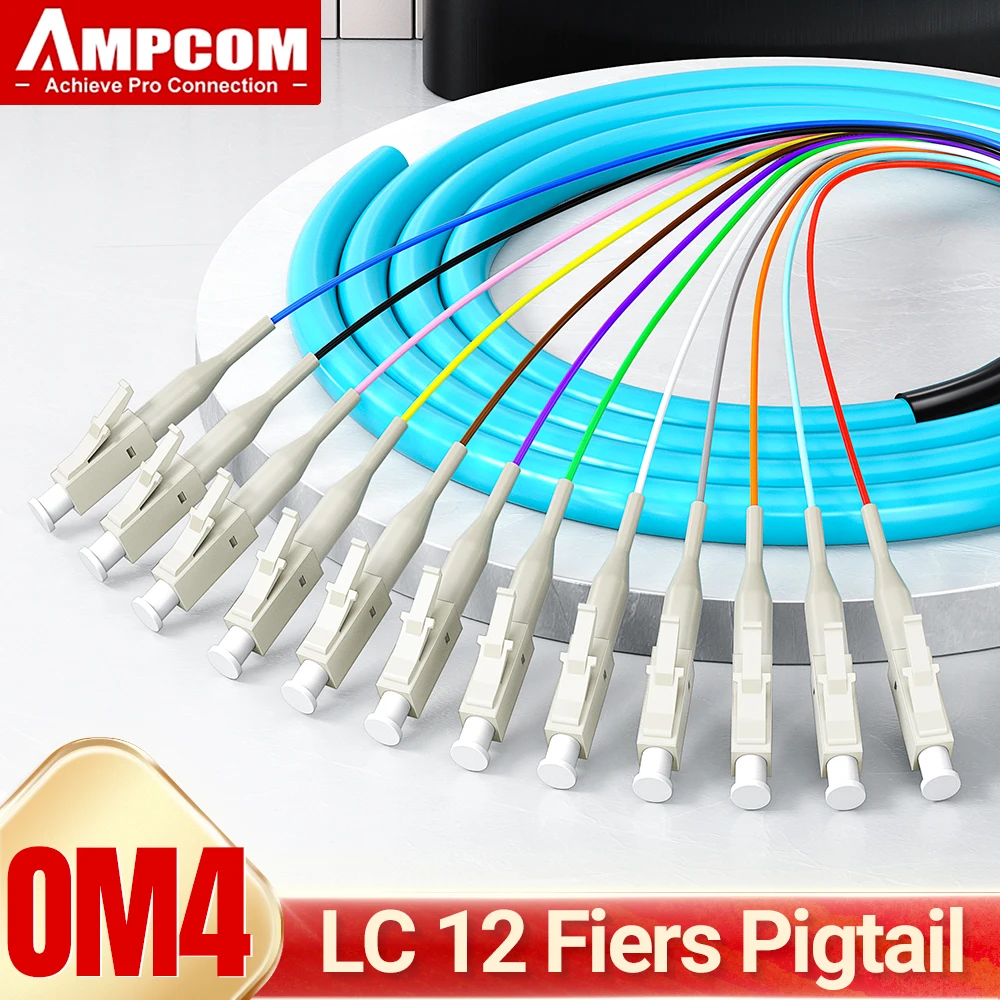 AMPCOM Fiber Optic Pigtail Assemblies, 12 Fibers LC OM4 Multi Mode 50/125μm LSZH UPC Pigtails for Fusion Splice Tray 1.5m