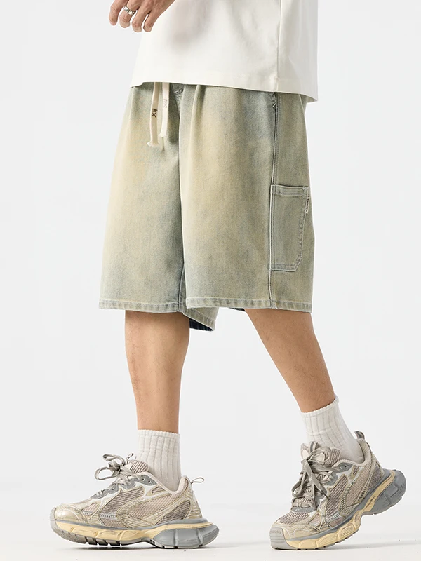 

Summer Washed Elastic Waist Denim Shorts Men's plus Size American Retro Five-Point Pants Wide Leg Cotton Polyester Blend Casu...