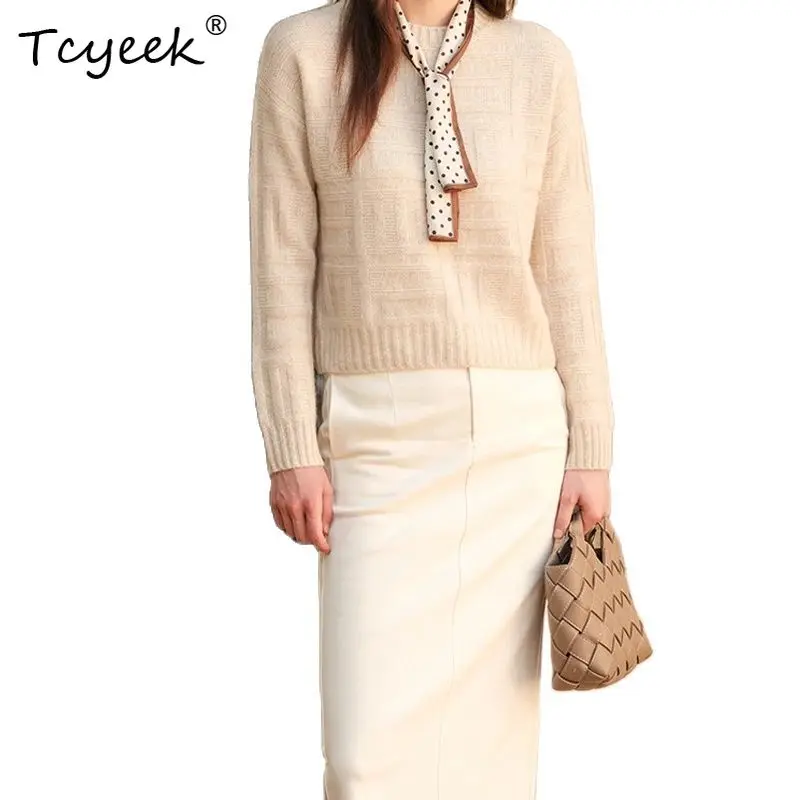 

Tcyeek, 100%Pure Cashmere Elegant Sweater, Women's O Neck Houndstooth, Fashion Pullovers, 2024 Fall Winter Knit Top T48929QC