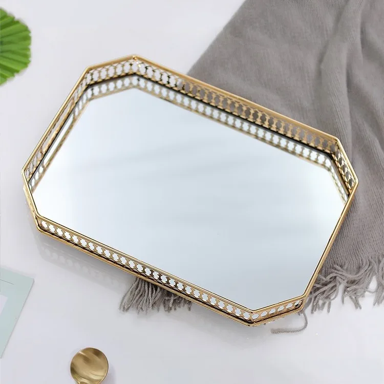 European Style Light Luxury Glass Metal Tray Bedroom Living Room Coffee Table Foyer Storage Plates Decorative Items